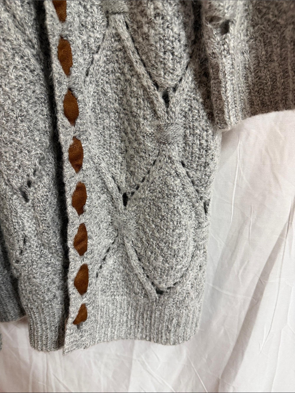 POL Light Gray Open Cable-Knit Cardigan with Brown Elbow Patches - Picture 8 of 16